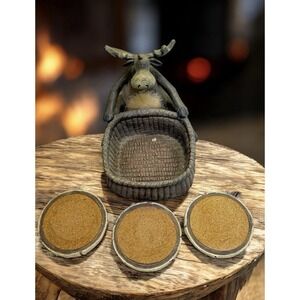 Moose Coaster Holder Figurine with 3 Cork Coasters Rustic Cabin Decor